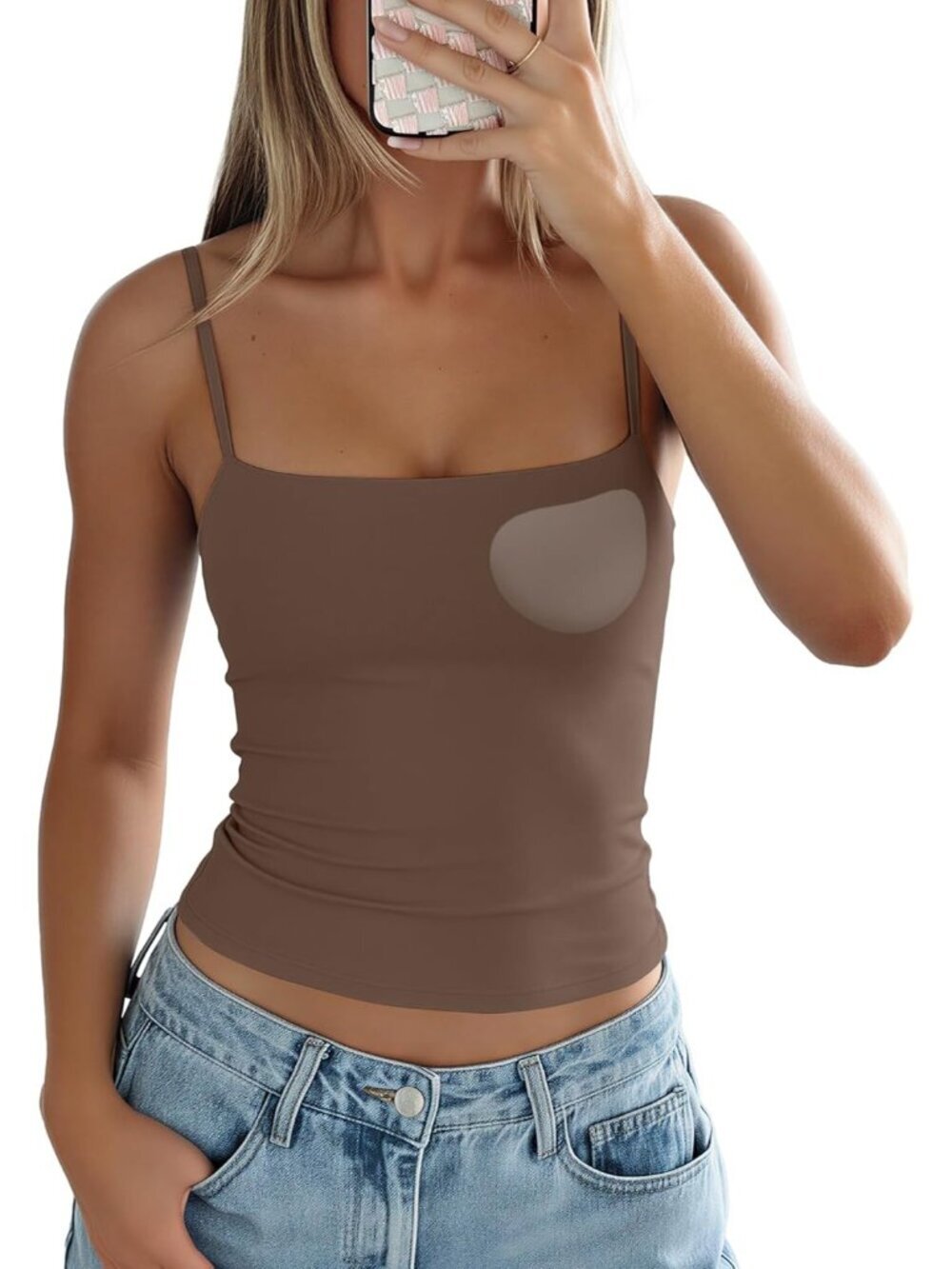 Women's Coffee Built-in Bra Spaghetti Straps Sleeveless Cami Shirt Tank Tops